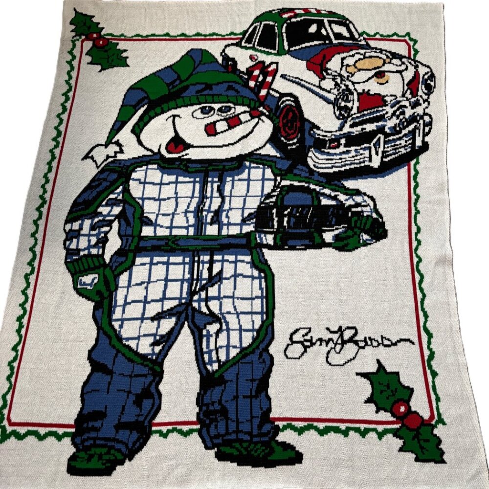 Sam Bass Racing Holiday Throw #11 Snowman Antique Car Santa 61"x51"